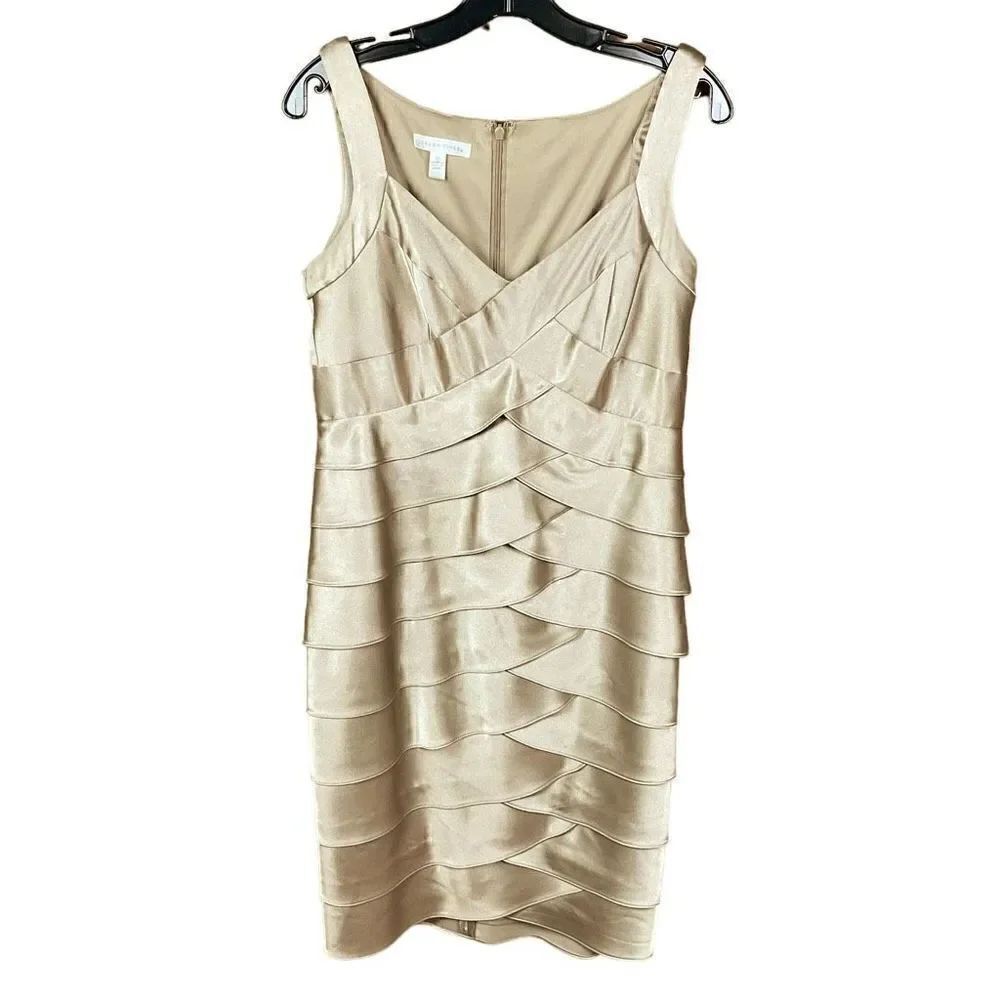 London Times Dress Gold Champagne Tiered Pencil Sleeveless Shimmer Dress 10